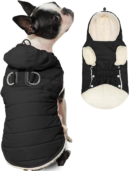Fleece Lining Dog Hoodie with Harness Built in,Extra Warm Medium Dog Jacket in Winter Doggie Coats with Drawstring Hooded,Black XL