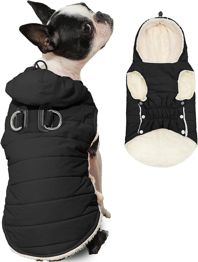 Fleece Lining Dog Hoodie with Harness Built in,Extra Warm Large Dog Jacket in Winter Doggie Coats with Drawstring Hooded,Black XXXL