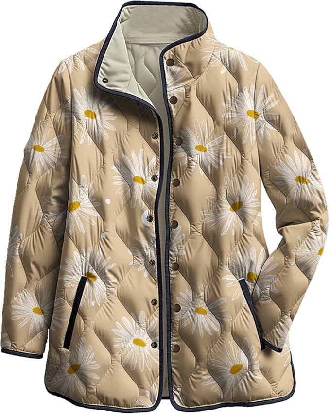 LIZALIG Women's Cropped Puffer Jacket Lightweight Floral Print Long Sleeve Padded Quilted Puffy Cardigan Coat