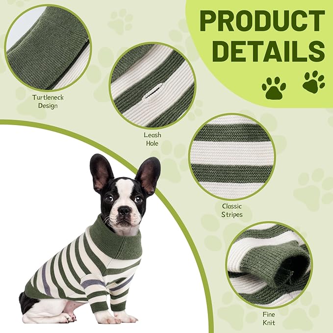 Small Dog Sweater, Knitted Striped Pullover Dog Clothes for Cold Weather, Thick Warm Cozy Stretchy Sweater for Chihuahua, Bulldog, Dachshund, Pug(Green & White Strip, XL)
