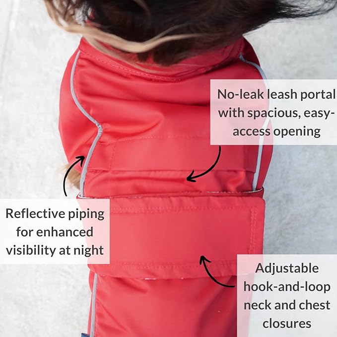 DJANGO Dog Jacket & Raincoat – Lightweight Water-Resistant Coat for Small, Medium & Long Dogs Like Dachshunds – Reflective, Adjustable Fit, Harness-Compatible & Easy-Access Harness Hole - Red, Large