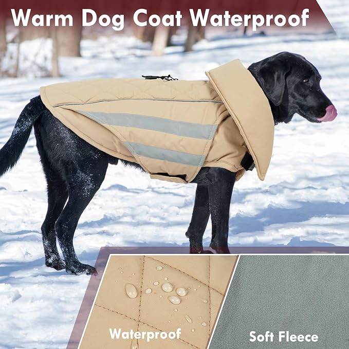 Dog Coat for Large Dogs Winter Waterproof Dog Jacket with Harness Reflective Turtleneck Hook & Loop Snowsuit Warm Fleece Snow Jackets Thermal Cold Weather Coats, Khaki 3XL