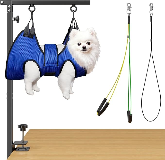 Foldable Dog Grooming Table Arm – Adjustable 28"-41" Clamp Arm with Hammock, No-Sit Holder for Small Dogs – Grooming Table for Dogs at Home or Salon
