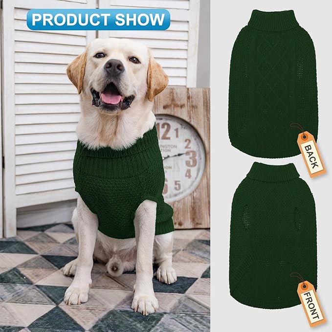 Mihachi Turtleneck Dog Sweater - Winter Coat Apparel Classic Cable Knit Clothes with Leash Hole for Cold Weather, Ideal Gift for Pet in New Year Army Green Large