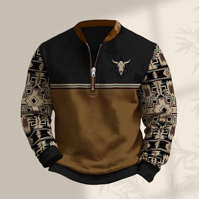 HOTYD Aztec Cowboy Jacket Men Vintage Bullhorn Printed Oversized Western Sweatshirt Long Sleeve Quarter Zip Pullover