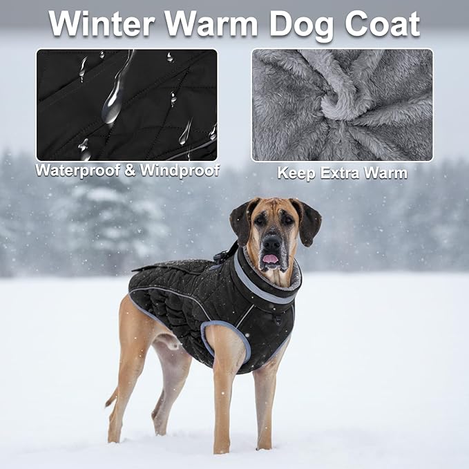 Dog Coat, Warm Dog Winter Coat for Large Dogs, Waterproof Jacket with Harness Built in, Reflective Turtleneck Cold Weather Coats with Zipper,Pet Fleece Vest Snow Jacket, Black XXXL