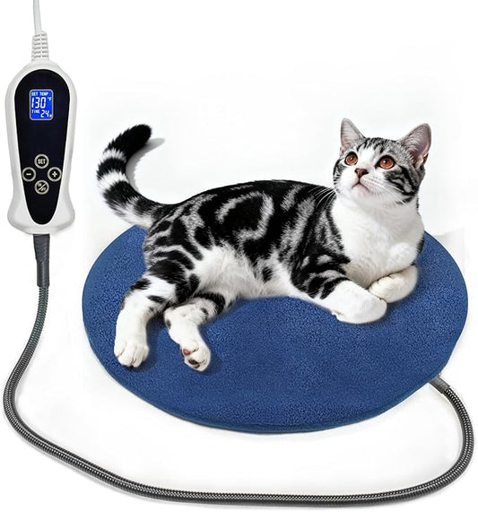 Bestio Cat Heating Pad，16 in Heated Cat Bed for Newborn Kittens and Puppies, with Smart Thermostat Switch (1-24 Hours) + Electric Steel Wire Protection Tube -Blue