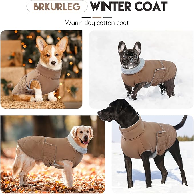 BRKURLEG Dog Winter Coat, Warm Dog Jackets for Small and Medium Large Dogs, Reflective Adjustable Pet Cold Weather Coats, Waterproof Windproof Dogs Snow Jacket Clothes Warm Vest (XS, Khaki)