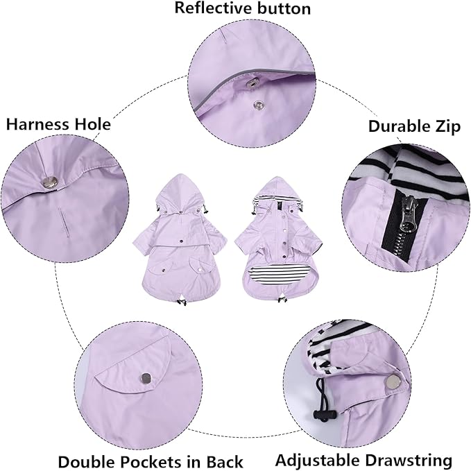 Morezi Dog Zip Up Raincoat with Reflective Buttons, Rain/Water Resistant, Adjustable Drawstring, Removable Hood, Raincoats with Legs 8lbs to 80lbs Available - Purple - XS