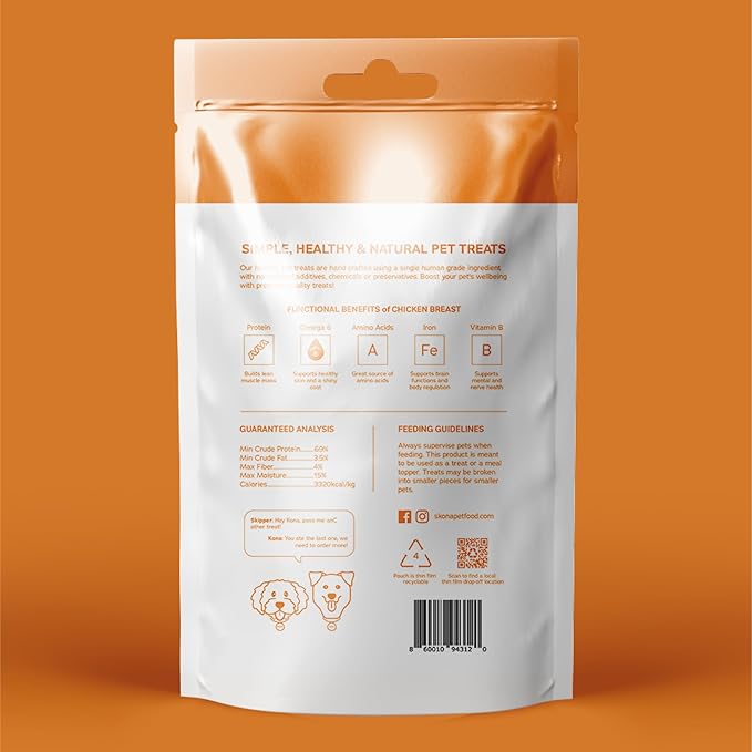 Skona PetFood Chicken Breast Jerky Dog & Cat Treats, Single-Ingredient, High Protein Training Snacks, Natural, Vitamin-Rich, USA Made, Supports Heart, Eye & Dental Health, Healthy & Tasty, 4oz