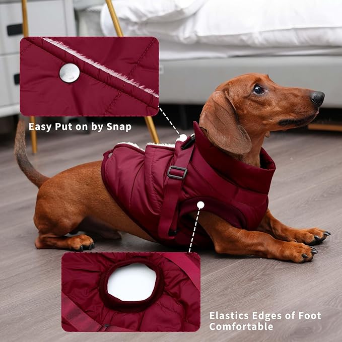 Dog Jacket with Harness,Fleece Lined Warm Puppy Coat for Winter,Soft Windproof Large Dog Vest,Red XXL