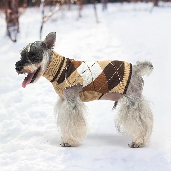 KOOLTAIL Dog Sweater for Small Dogs, Puppy Knitted Clothes - Classic Plaid Pullover Turtleneck Thick Warm Fall Cat Sweaters with Leash Hole, Dog Winter Clothes for Chihuahua Dachshund Girls Boys, XS