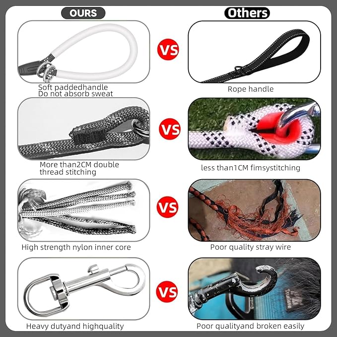 Nylon Dog Leash 6FT 10FT 20FT 30FT Diameter 2/5 Inch with Comfortable Silicone Handle Highly Reflective No Tangle for Medium Large Dogs Outside Walking Camping Backyard. (Black, 30FT * 2/5Inches)