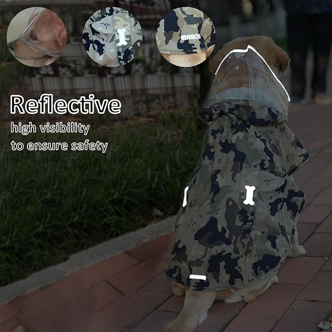 Waterproof Dog Raincoat, Adjustable Reflective Lightweight Pet Rain Clothes with Poncho Hood(X-Small,Camo)