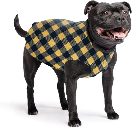 Goldpaw Stretchy Fleece Jacket for Small Dogs - Super Soft, Warm Dog Sweater - Pet Sweater Vest for Fall and Winter - Canine Clothes Made in The USA - Machine Washable - Gold Buffalo Check - Size 16