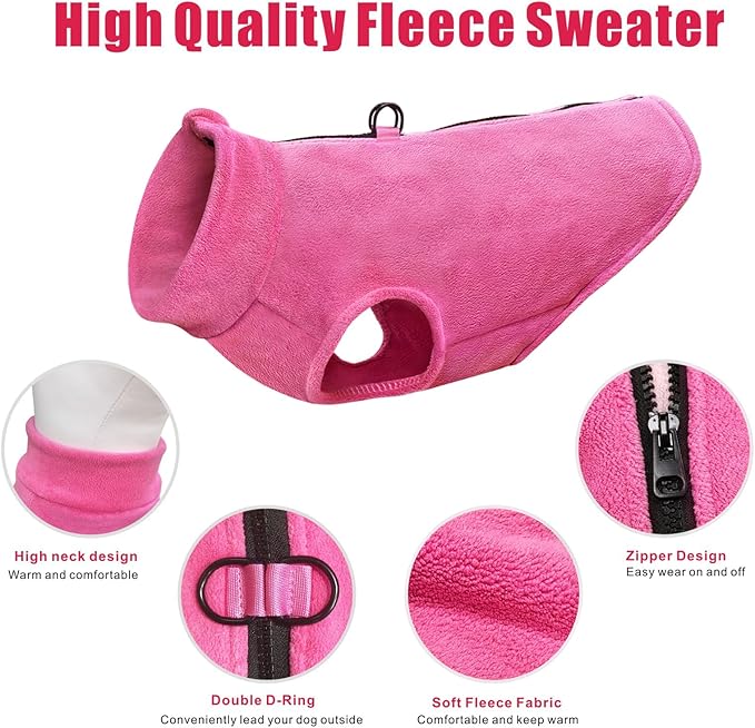 Idepet Dog Fleece Vest Sweater Zip Up Warm Pullover Dogs Jacket with D-Ring Leash Winter Cold Weater Coat Pet Sweatershirt Clothes Hoodie for Small Medium Dogs Boy Girl (Rose Red, XXL)