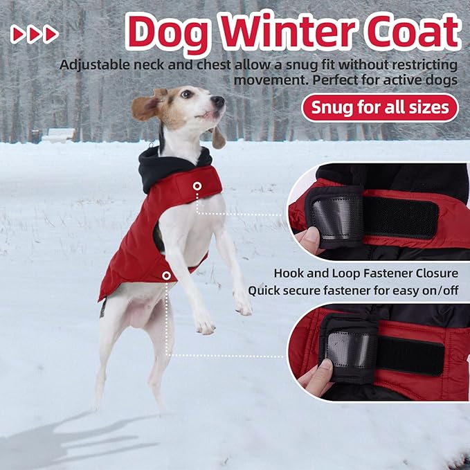 Nanaki Warm Dog Puffer Coat for Large Dogs-Lightweight Windproof Dog Coat with Hood, Water Resistant Pet Snowsuit for Cold Weather, Reflective Snowsuit, Adjustable Puffer Vest with Leash Hole, Red