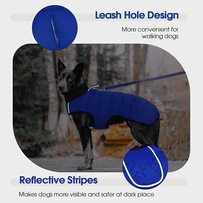 IDOMIK Dog Winter Coat, Warm Waterproof Dog Puffer Jacket with Harness Hole, Adjustable Reflective Snow Jacket Vest with Turtleneck, Pet Cold Weather Coats for Medium Dogs,Blue,M