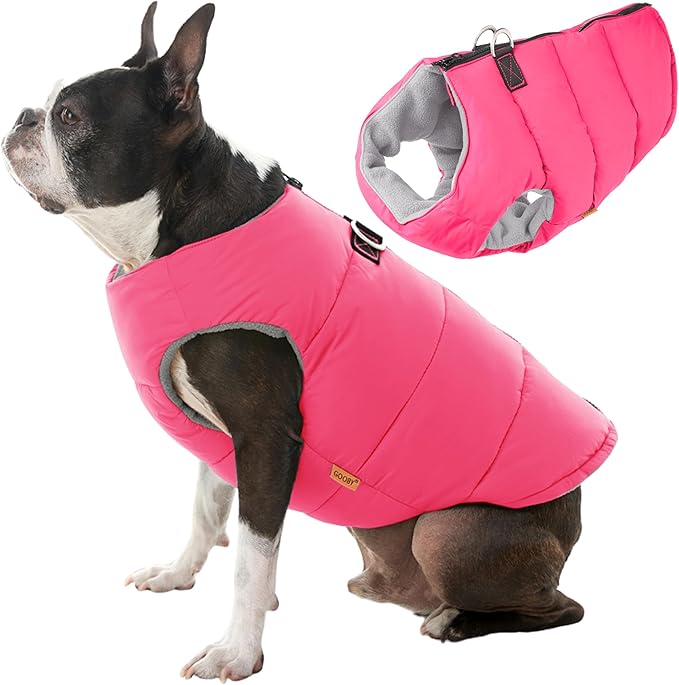 Gooby Padded Vest Dog Jacket - Solid Pink, Small - Warm Zip Up Vest Fleece Jacket with Dual D Ring Leash Water Resistant for Small to Medium Dogs