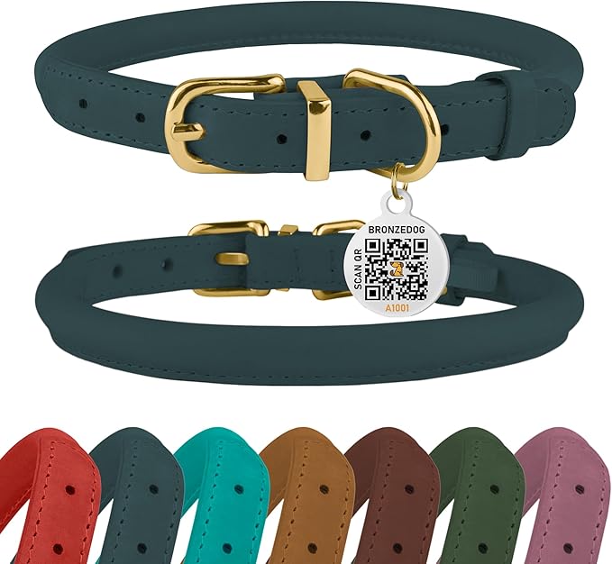 BronzeDog Rolled Leather Dog Collar with QR ID Tag, Adjustable Soft Round Collars for Small Medium Large Dogs Puppy (16" - 19" Neck Size, Denim)