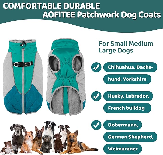 AOFITEE Dog Coat, Dog Winter Coat, Reflective Small Dogs Jacket with Harness Built in and Fleece Lined, Waterproof Pet Winter Jacket Warm Snowsuit for Small Medium Large Dogs, Green M