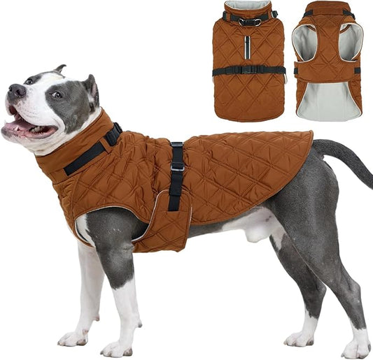 Kuoser Dog Coat Warm Fleece Lining Turtleneck Dog Jacket with Harness Built-in, Adjustable Windproof Cold Weather Coats with Quick Release Buckle Pet Winter Snowsuit for Extra Large Dogs, Khaki 2XL