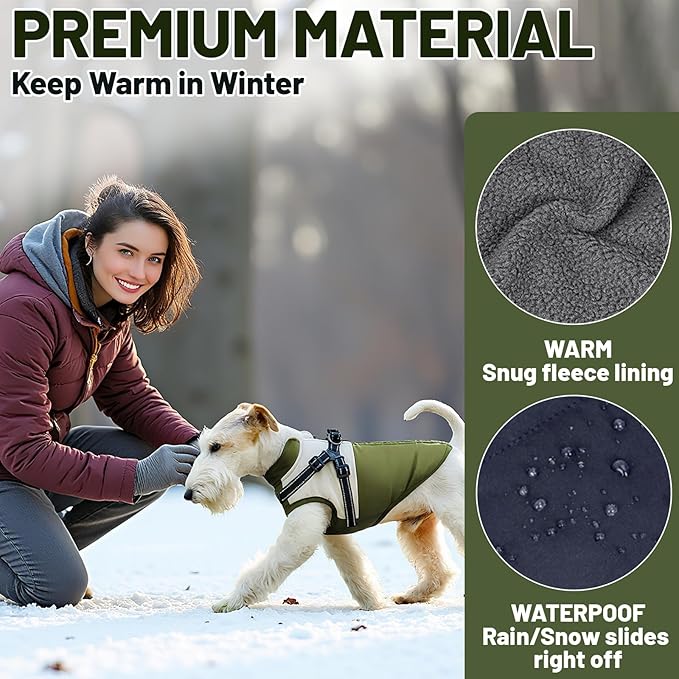 Dog Winter Coat for Small & Medium Dogs (Up to 31lb), Waterproof Dog Coat with Harness, Puppies Windproof Puppy Puffer Jacket, Snowsuit for Dachshund,Frenchie, Corgi (Classic Green, Large)