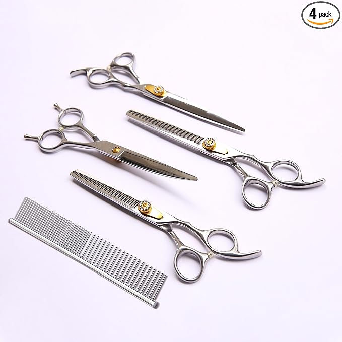 7 Inch Professional Dog Grooming Scissors Kit, 6-in-1 Grooming Scissors for Dogs, Pet Grooming Shears Set, Straight Scissor & Thinning Shear & Curved Scissor & Chunker Shear (Silver)