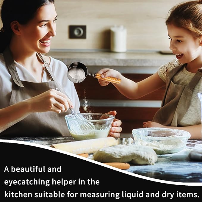Measuring Cup with Wooden Handle, 1 Cup Titanium-plating 250 Ml Stainless Steel, Space Gray