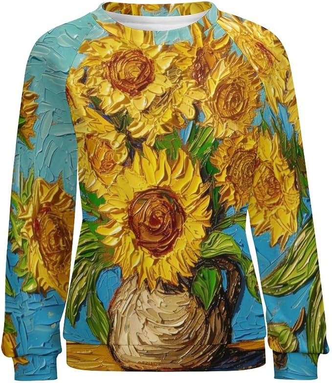 Long Sleeve Shirts for Women Cat Oil Painting Shirt 3D Graphic Sweatshirts Fall Pullover Crewneck Vintage Boho Tops