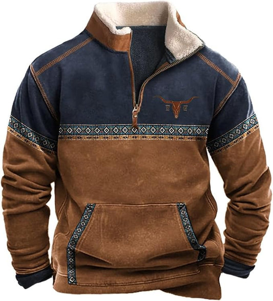 HOTYD Aztec Cowboy Mens Hoodie Vintage Graphic Western Hoodies Casual Long Sleeve 1/4 Zip Pullover Mens Country Jacket