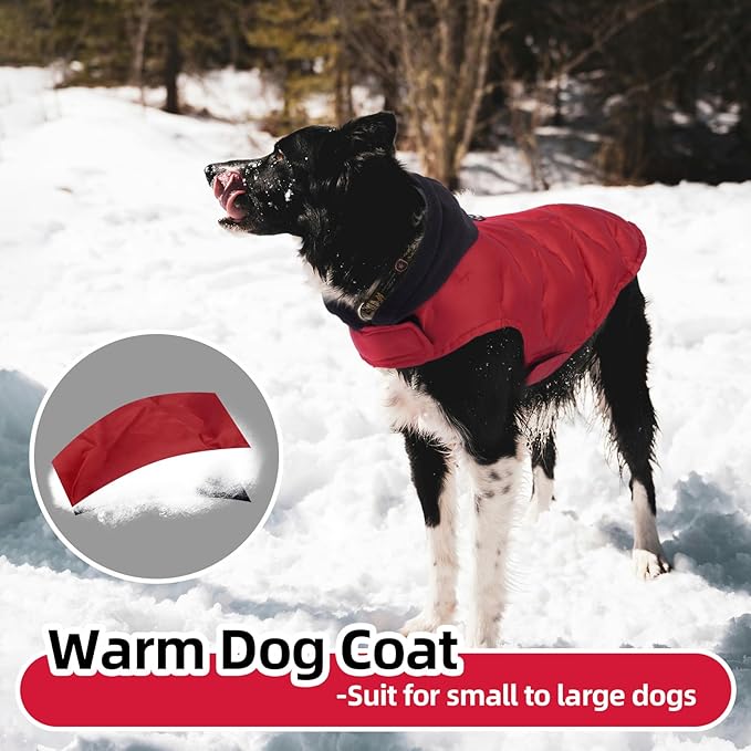 Nanaki Warm Dog Puffer Coat for Large Dogs-Lightweight Windproof Dog Coat with Hood, Water Resistant Pet Snowsuit for Cold Weather, Reflective Snowsuit, Adjustable Puffer Vest with Leash Hole, Red
