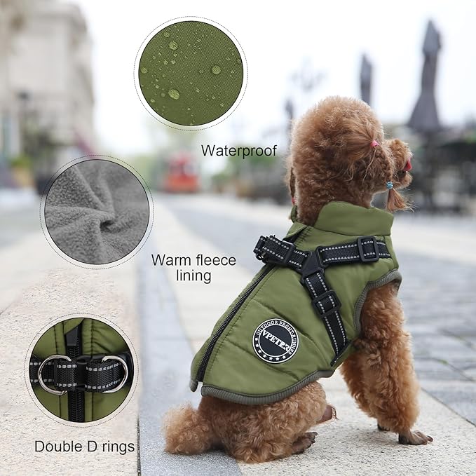 Dog Winter Coat,Warm Jacket Paded Fleece Pet Vest with Built in Harness, Windproof Reflective Cozy Adjustable Snow Pet Coat Clothes with Zipper for Small Medium Large Dogs