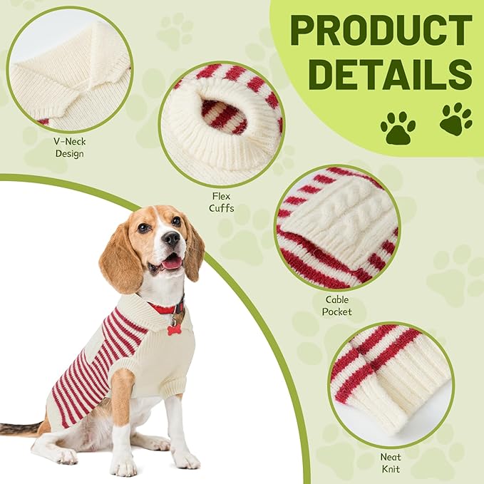 Small Dog Sweater, Knitted Striped Pullover Dog Clothes for Cold Weather, Thick Warm Cozy Stretchy Sweater for Chihuahua, Bulldog, Dachshund, Pug(Red & White Strip, S)