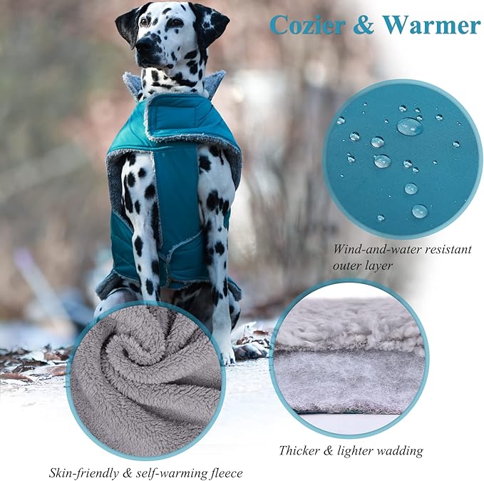 VIVAGLORY Frostfit Dog Coat, Dog Jacket for Winter & Cold Weather, Warm Fluffy Fleece Lined Water Resistant Reflective for Puppy, Coat with Velcro Fastening & Leash Hole, L, Turquoise