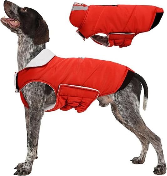Kuoser Dog Coat Medium, Cold Weather Reflective Waterproof Dogs Jacket with Warm Fleece Lining, Turtleneck Dog Winter Coat with Zipper, Doggy Snow Jacket Pet Coats for Small Medium Large Dogs, Red M