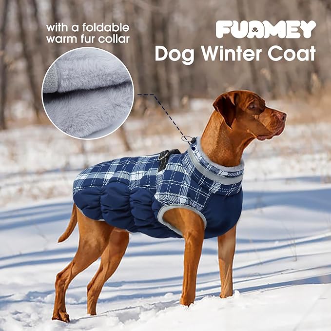 FUAMEY Dog Coat for Medium Dogs,Waterproof Dog Winter Jacket with Harness Built in Puppy Cold Weather Coats Reflective Pet Vest with Zipper Warm Fleece Dogs Snowsuit Windproof Blue Plaid M