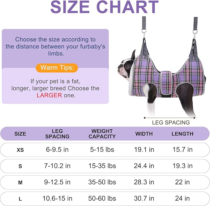 BEAUTYZOO Dog Grooming Hammock for Small Dogs Cat- Dog Sling for Nail Trimming/Clipping- Dogs Hanging Harness Holder with Thick Fabric Neck Support & Strap Restraint Claw Care, Purple XS