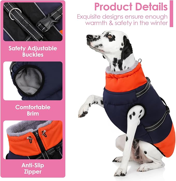 AOFITEE Dog Coats for Large Dogs, Waterproof Dog Winter Jacket with Harness Built in, Warm Large Dogs Coat with Fleece Lined, Zip Up Pets Jackets for Golden Retriever, Weimaraner, Blue 2XL