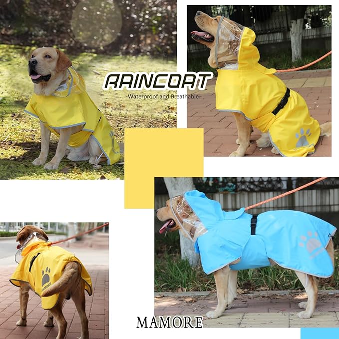 MAMORE Dog Raincoat Hooded Rain Jacket for Small Medium Large Dogs Slicker Poncho Bottom Waterproof Adjustable Reflective Breathable Leash Hole (Yellow, XXX-Large)