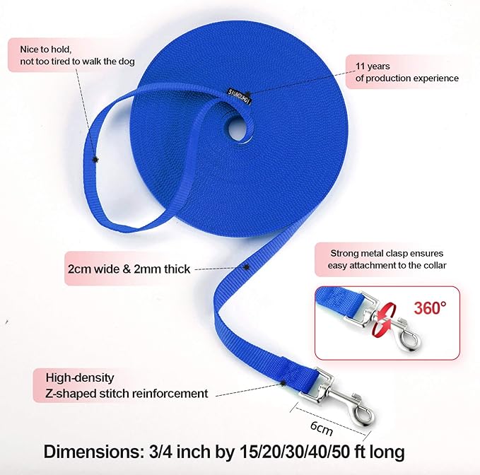 Dog/Puppy Obedience Recall Training Agility Lead - 15ft 20ft 30ft 40ft 50ft Training Leash - Great for Play, Camping, or Backyard - Blue 15ft (15Feet, Blue)