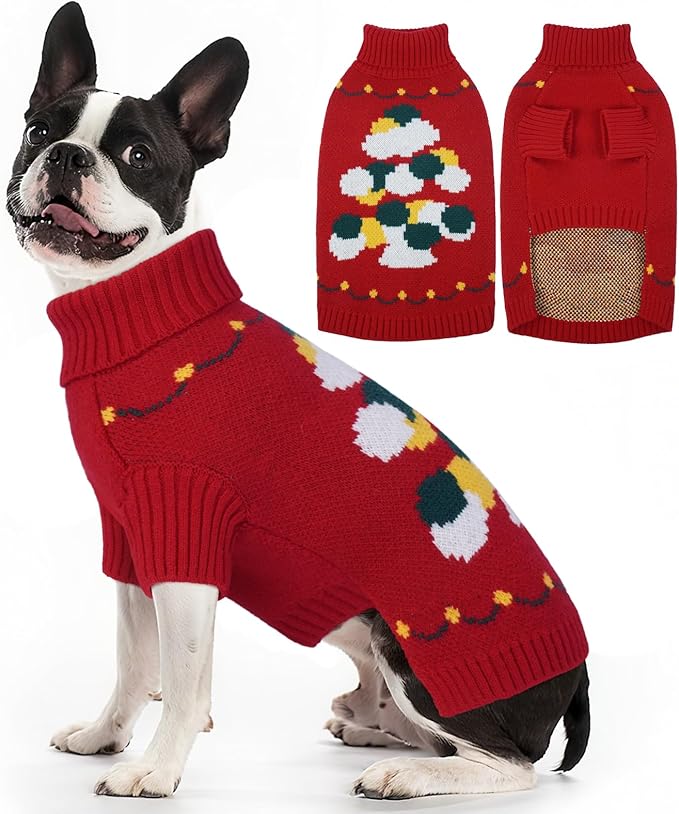 BRKURLEG Christmas Dog Sweaters for Cold Weather, Soft Warm Turtleneck Sweaters for Medium Large Dogs, Xmas New Year Pet Knitted Sweatshirt Outfit for Boston Terrier, Beagle (Red, L)