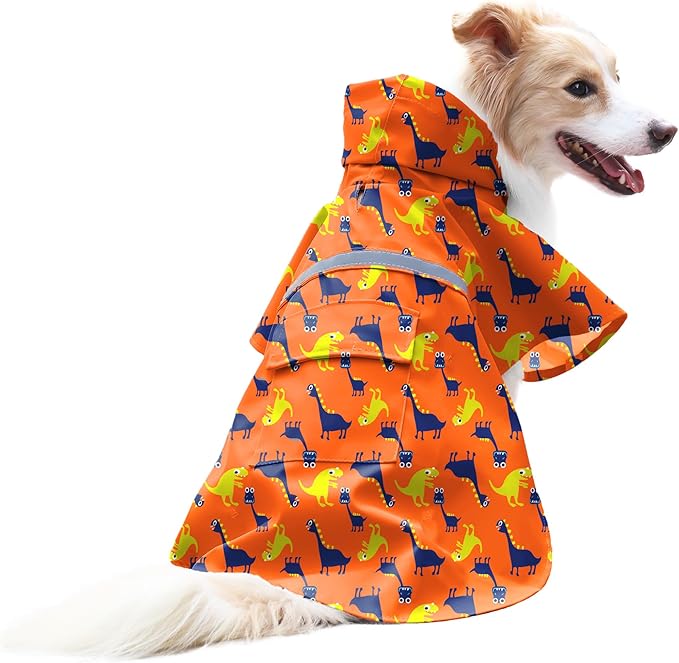 NACOCO Large Dog Raincoat Adjustable - Pet Dinosaurs Water Proof Clothes Lightweight Rain Jacket Poncho Hoodies with Strip Reflective Blue (XL, Orange Dinosaur)