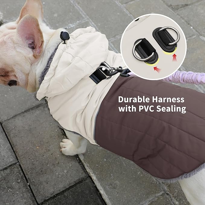Detachable Hooded Dog Coat with Harness for Large Dogs,Super Warm Fleece Puppy Jacket for Cold Winter Doggie Coats,Brown XXXL