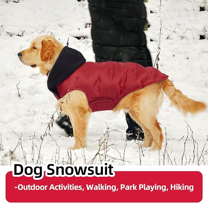 Nanaki Warm Dog Puffer Coat for Large Dogs-Lightweight Windproof Dog Coat with Hood, Water Resistant Pet Snowsuit for Cold Weather, Reflective Snowsuit, Adjustable Puffer Vest with Leash Hole, Red