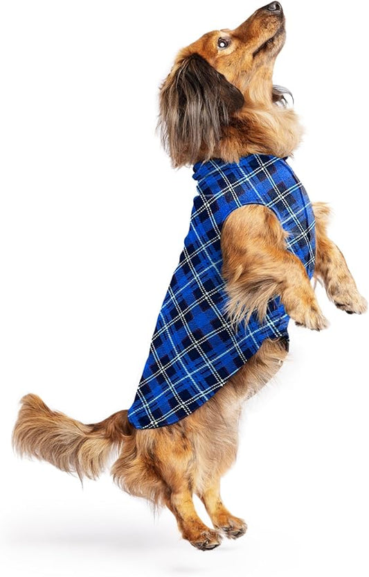 Goldpaw Stretchy Fleece Jacket for Small Dogs - Super Soft, Warm Dog Sweater - Pet Sweater Vest for Fall and Winter - Canine Clothes Made in The USA - Machine Washable - Blue Plaid - Size 12