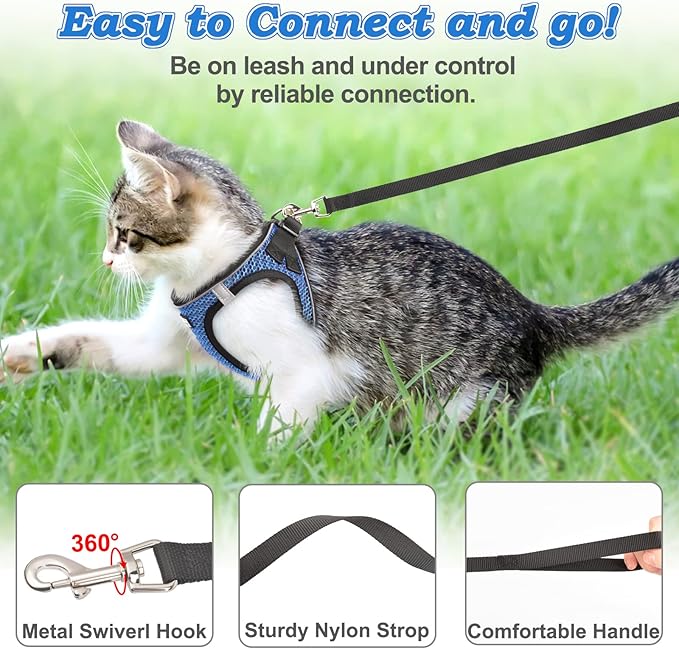 Cat Harness and Leash for Walking Escape Proof, Adjustable Kitten Vest Harness Reflective Soft Mesh Puppy Harness for Outdoor, Comfort Fit, Easy to Control (Blue, XS)