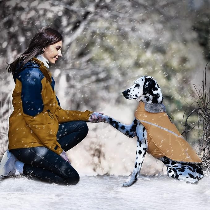 VIVAGLORY Snowrap Dog Coat, Jacket with Harness Hole & Velcro Closure, Dog Coat for Winter & Cold Weather, Fluffy Warm Fleece Lined Reflective Water Resistant for Puppy, M, Khaki