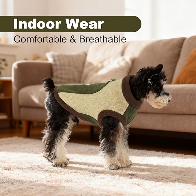 Dog Fleece Coat with Leash Ring, Winter & Fall, Warm Dog Sweater for Small Pets,Cold Weather Pullover Vest for Walking Soft Puppy Sweaters Indoor & Outdoor,Machine Washable,Army Green,Size M