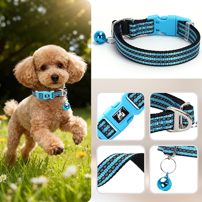 Reflective Dog Collar with Bell - Hypoallergenic Adjustable Nylon Puppy Collar for Night Safety, Soft Comfort Fit Small Dogs & Cats, Blue X-Small